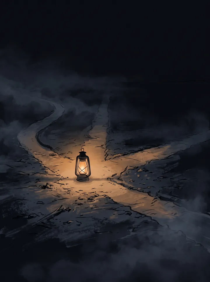 A lantern at a crossroads where several paths lead off into the darkness