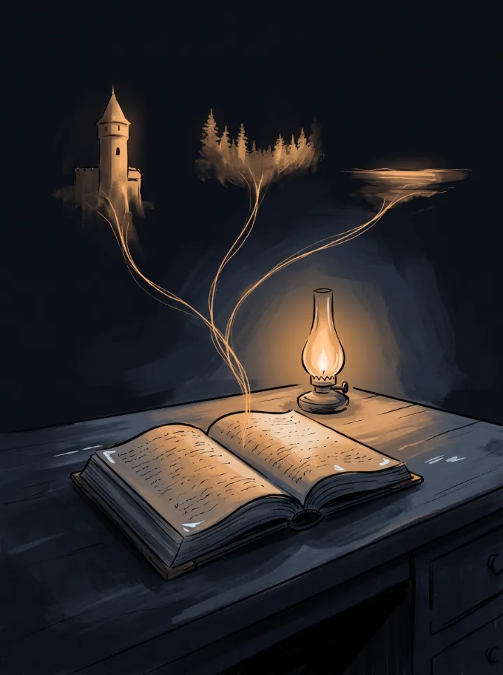 Ein aufgeschlagenes Buch, aus dessen Seiten Lichtfäden aufsteigen