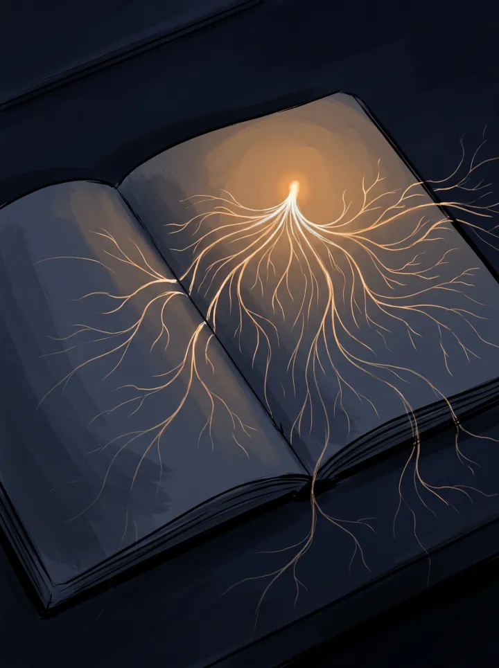An open blank book with a single point of light branching into fine root-like threads across its pages