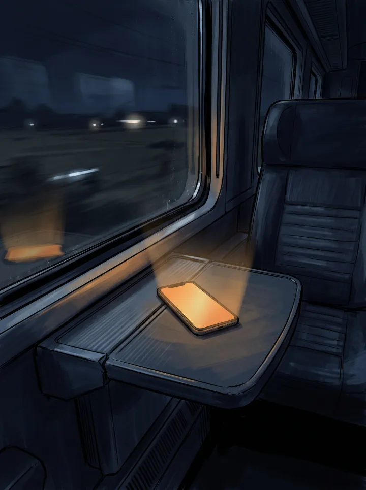 A phone glowing on a train's fold-down tray at night, a night landscape streaking past the window beside it
