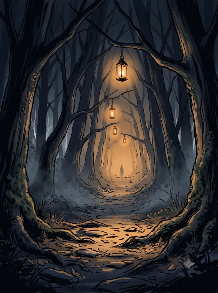 Ein Waldweg bei Nacht, von Laternen gesäumt