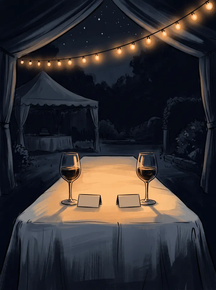 A candlelit table set for two at an evening wedding reception